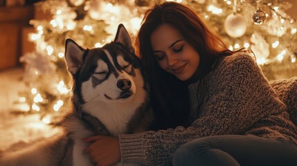 Poster - A woman wearing a grey sweater is sitting next to a Christmas tree. She is smiling and hugging a husky, which is leaning its head on her shoulder.