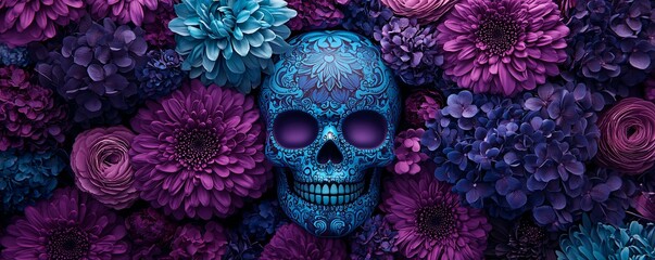 Poster - glowing sugar skull with vibrant blue and purple flowers, ornate details, dark backdrop