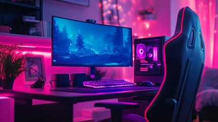 Poster - A computer setup with a large monitor and a black chair