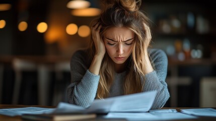 Poster - A woman is sitting at a table with a stack of papers in front of her