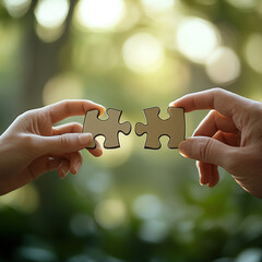 A pair of hands put two pieces of the puzzle together