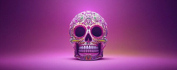Poster - Intricately decorated sugar skull in luminous colors, neon pink, yellow, and purple details
