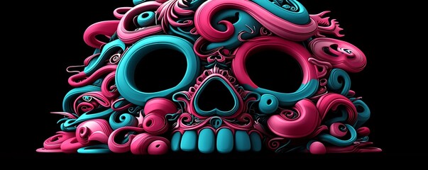 Poster - bright glowing sugar skull with intricate swirls, neon pink and blue, dark background