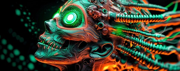 Poster - luminous sugar skull with vibrant green and orange designs, intricate neon patterns