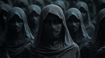 A group of women in black veils and hijabs stand in a row. Traditional closed clothing for women of the East. Total unrecognisability of people. The rights of women of the East. Illustration