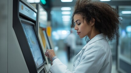 Aufkleber - A woman in a white lab coat is looking at a computer screen