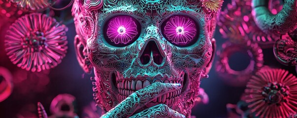 Poster - luminous sugar skull with neon floral patterns, glowing pink and blue, intricate details