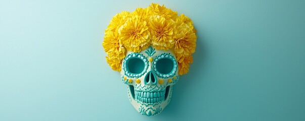 Poster - Bright luminous sugar skull with radiant marigolds, neon yellow and teal, intricate details