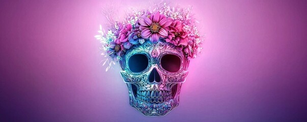 Poster - glowing sugar skull with neon floral crown, bright blue and magenta hues, luminous glow
