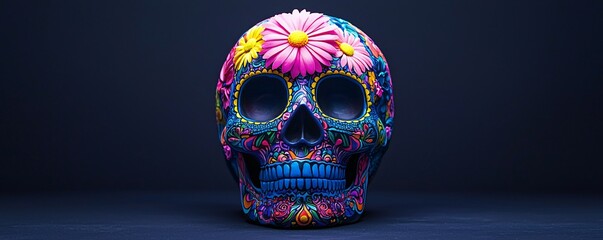 Poster - Luminous sugar skull with vibrant blue and pink flowers, radiant designs, dark background