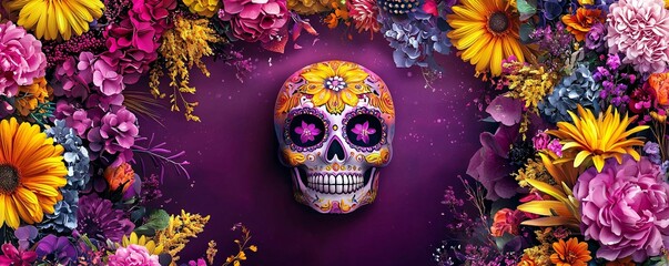 Poster - Vibrant sugar skull glowing in dark, radiant yellow and purple floral designs, luminous