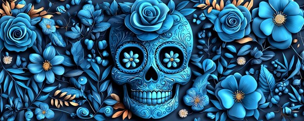 Poster - neon sugar skull with bright blue roses, glowing swirls, intricate floral details