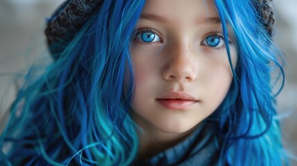 young beautiful woman with blue hair and bokeh background