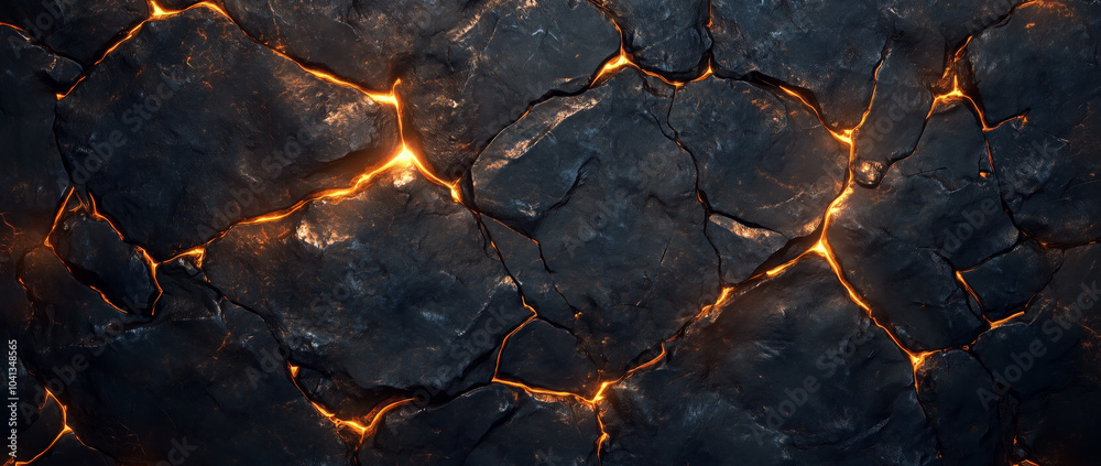 Cracked volcanic surface with glowing lava veins on a dark rock texture ...
