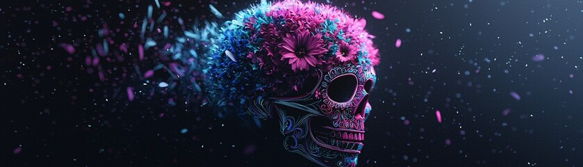 Poster - Glowing sugar skull with vibrant blue and purple flowers, ornate details, dark backdrop