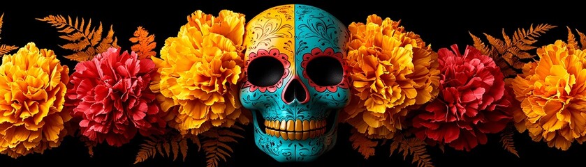 Poster - Sugar skull with glowing marigolds, luminous yellow and red, vibrant Day of the Dead