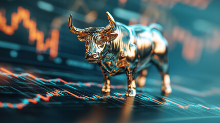 A golden bull figure standing on a dynamic stock market graph background with volumetric lighting