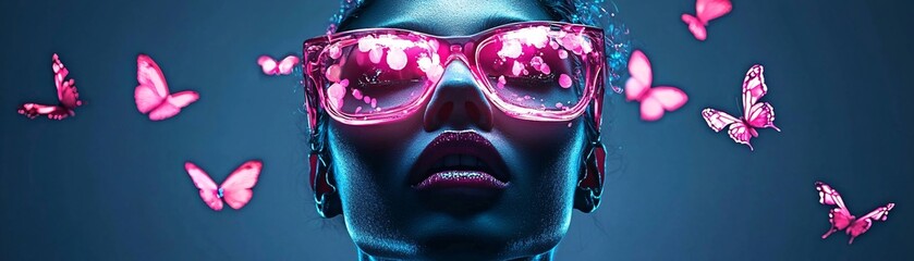 Poster - Luminous sugar skull surrounded by glowing butterflies, neon blue and pink highlights
