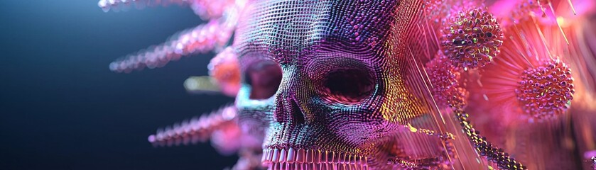 Poster - Intricately decorated sugar skull in luminous colors, neon pink, yellow, and purple details
