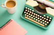 © AbsoluteAi - Vintage typewriter, notebook, and coffee on a pastel-colored surface.
