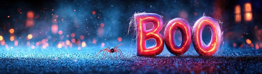 Colorful 'BOO' text decoration for Halloween on a sparkling background.