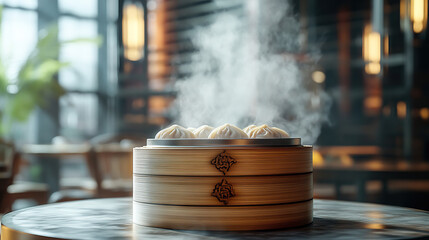 A bamboo steamer filled with traditional Chinese food, emitting steam in an old-style restaurant