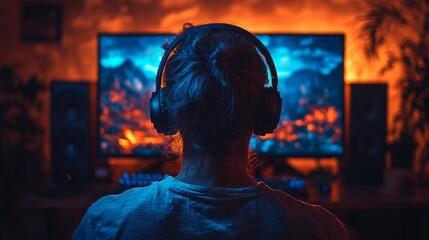 Poster - A man is sitting in front of a computer monitor with headphones on