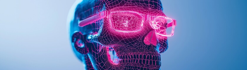 Poster - Luminous sugar skull with neon floral patterns, glowing pink and blue, intricate details