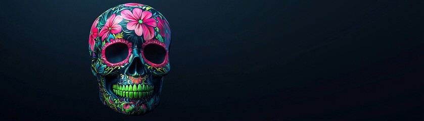 Poster - Vibrant sugar skull glowing in neon pink and green, intricate floral designs, dark backdrop