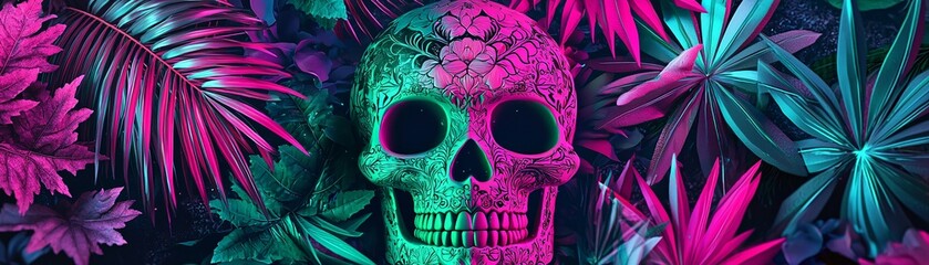 Poster - Vibrant sugar skull glowing in neon pink and green, intricate floral designs, dark backdrop