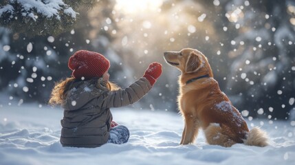 Poster - A young girl wearing a red hat and a winter coat is sitting in the snow with a golden retriever. The girl is reaching out to touch her dog's nose. Snowflakes are falling around them.