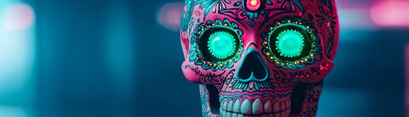 Poster - Bright glowing sugar skull with intricate patterns, neon green and magenta hues