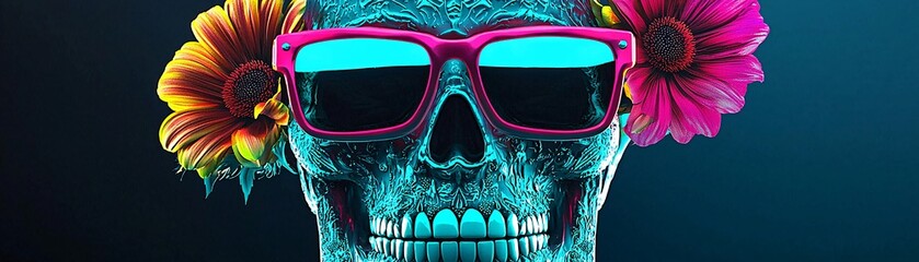 Poster - Glowing sugar skull with radiant teal and yellow flowers, vibrant dark background