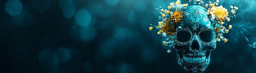 Poster - Glowing sugar skull with radiant teal and yellow flowers, vibrant dark background