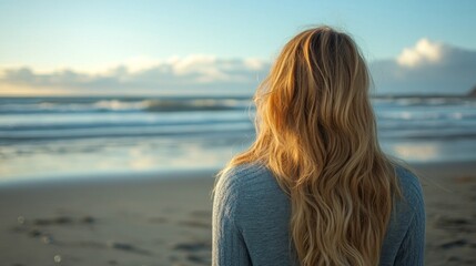 Poster - A woman with long blonde hair stands on a beach looking out at the ocean