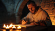 © Nattapol - medieval monk sits at ancient wooden desk, writing by candlelight, immersed in thought and reflection. warm glow of candles creates serene atmosphere