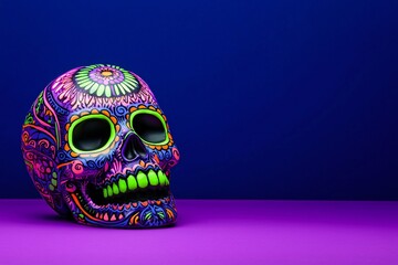Poster - vibrant sugar skull with neon purple and green patterns, glowing in the dark