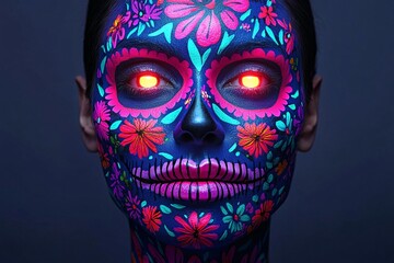 Poster - Glowing sugar skull with neon blue and red floral patterns, radiant eyes, dark setting