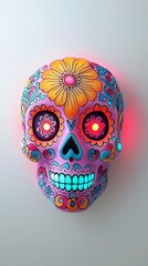 Poster - luminous sugar skull glowing with vibrant red and blue accents, intricate day of the dead
