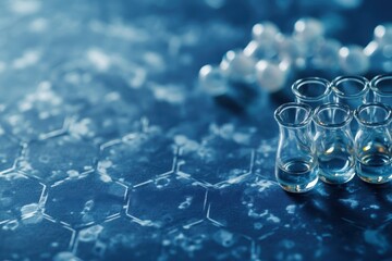 Poster - Laboratory setup featuring glass vials arranged on a blue molecular-patterned surface