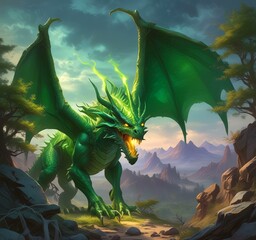 Illustration of green dragon in wild landscape.