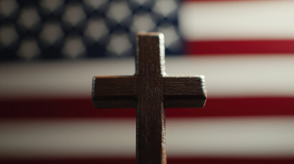 wooden cross stands prominently against backdrop of American flag, symbolizing faith and patriotism. contrast between dark wood and vibrant colors evokes sense of reverence and national pride