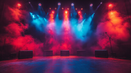 The image shows a dimly lit stage with multiple spotlights shining down, creating a dramatic atmosphere. The lights are in shades of red and blue, casting colored beams and soft reflections on the flo