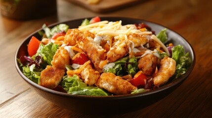 Wall Mural - Crispy chicken salad with cheese and fresh vegetables providing room for copy in the image