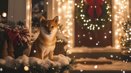 Poster - A Shiba Inu sits on a bed of snow in front of a charming home adorned with festive lights and seasonal decorations. The atmosphere is cozy, with snowflakes gently falling around the scene.