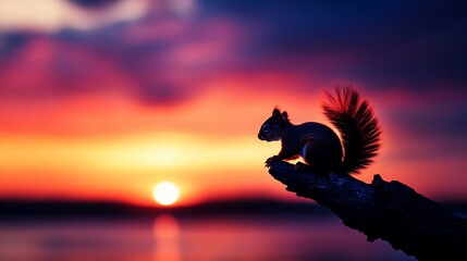 Poster - Silhouette of a squirrel on a branch with sunset in the background.