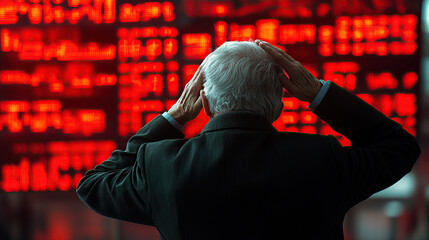 A man with his head in his hands looks confused as he looks at a stock market screen showing stock investors with red numbers