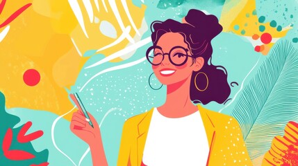 Poster - Cheerful Teacher Holding Pointer in Colorful Setting