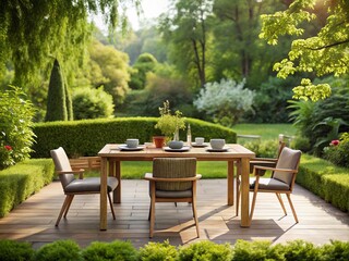 Minimalist Garden Table with Nature Blur - Serene Outdoor Dining Experience Surrounded by Lush Greenery, Soft Focus Enhancing Tranquility and Simplicity in Nature