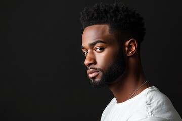 Portrait of a young man with a stylish haircut posing against a dark background